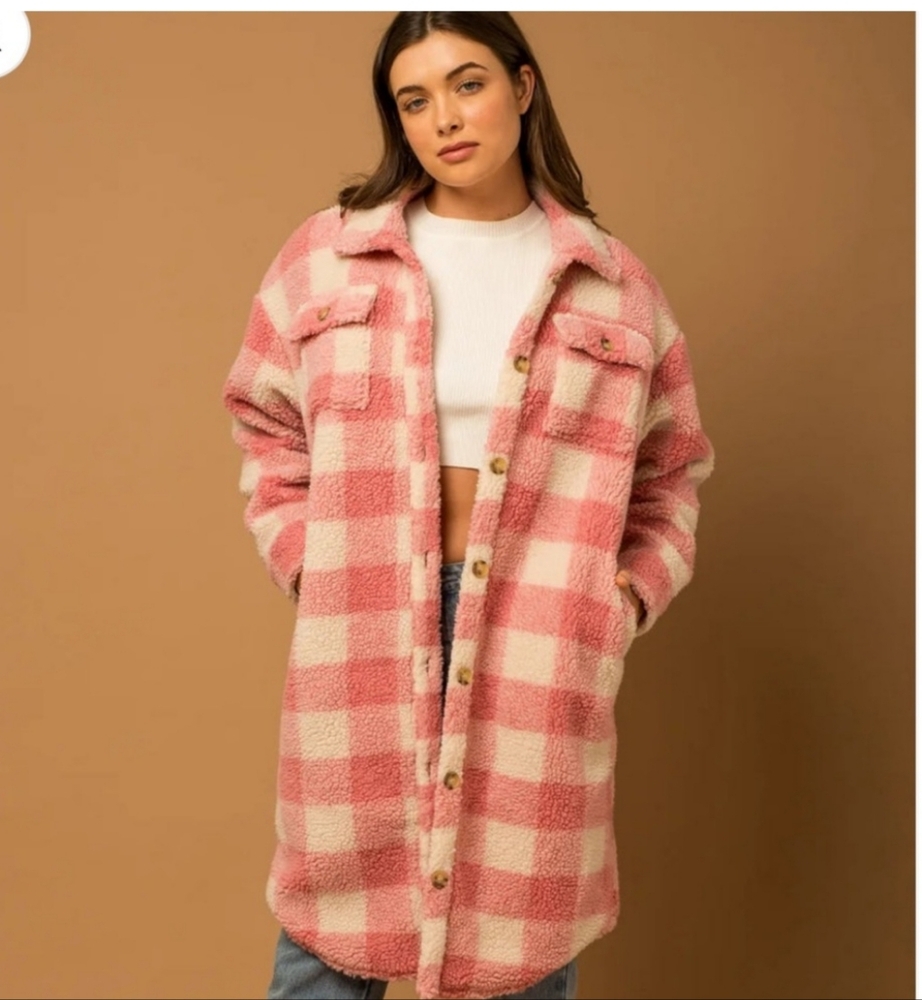 GILLI long pink and cream plaid sherpa coat medium